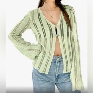Women's Lightweight Long Sleeve V Neck Y2K Cardigan Top 2-Buttons Green Size XL